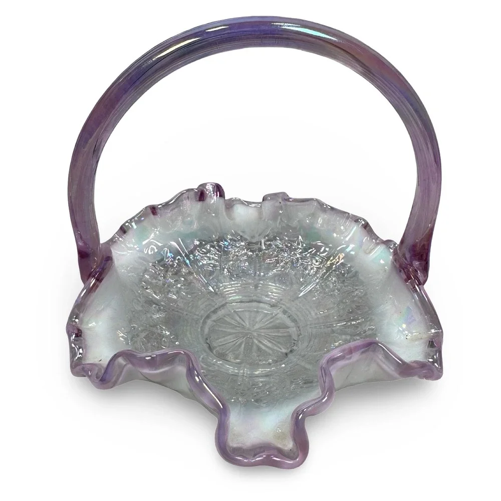 Fenton Iridescent Clear Carnival Glass Floral Basket Ruffled Edge Pink Handle